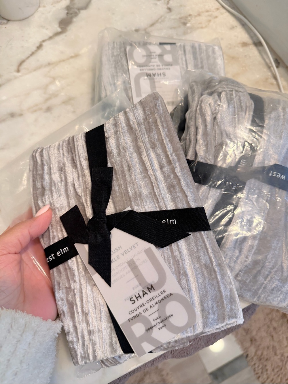 West Elm Silver Crushed Velvet Pillow euro Sham 3 pieces nwt